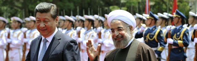 Iranian President Hassan Rouhani and China's President Xi Jinping in Shanghai on May 22, 2014